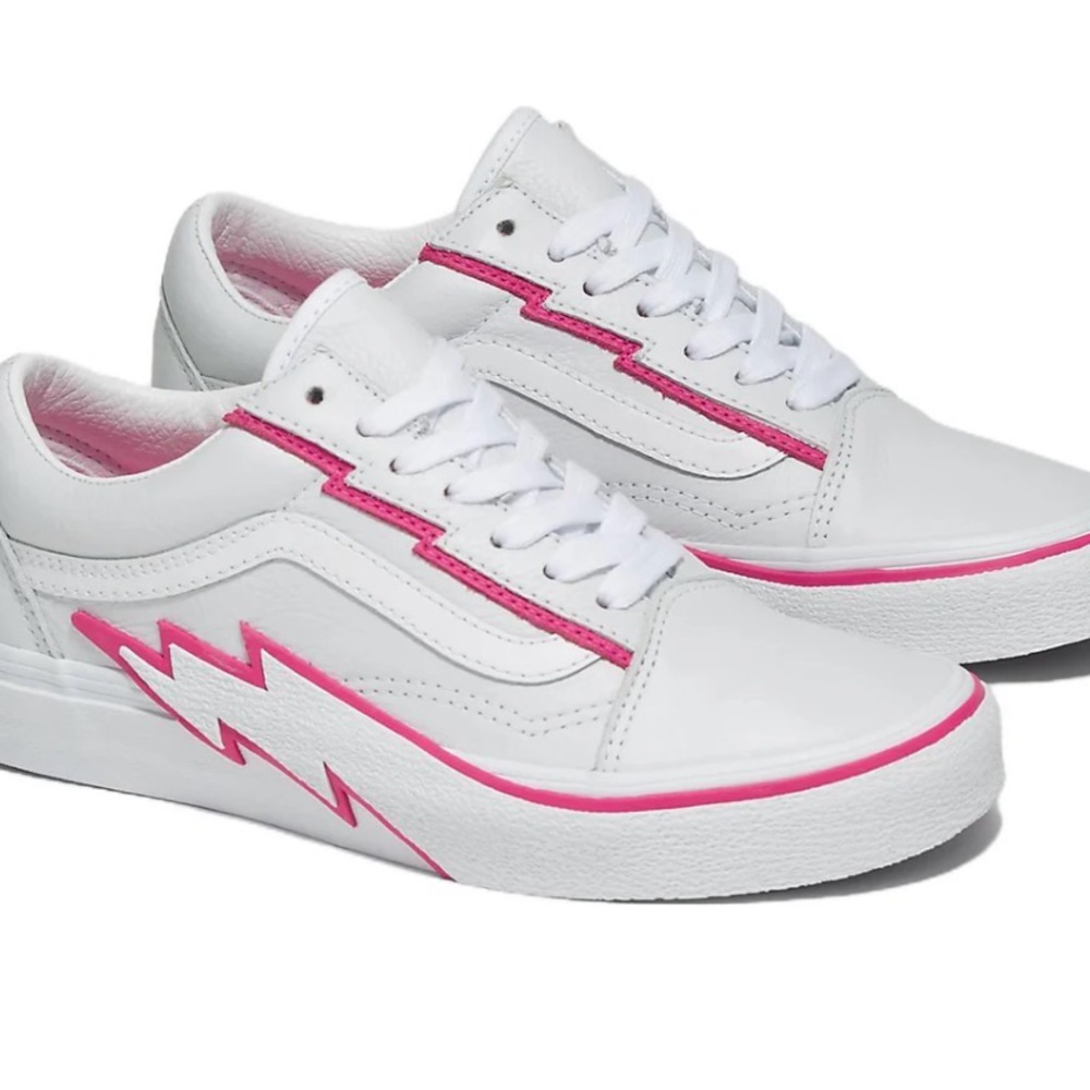 Vans White Sneakers with Pink Lightning Accent